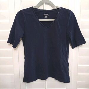 Chicos The Ultimate Tee Size 0 Black V-neck Short Sleeve T-shirt Button Accent